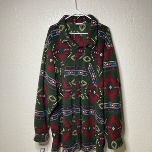 King Size 5XL Fleece Shirt Shacket Aztec Southwest Heavyweight Button Up Green